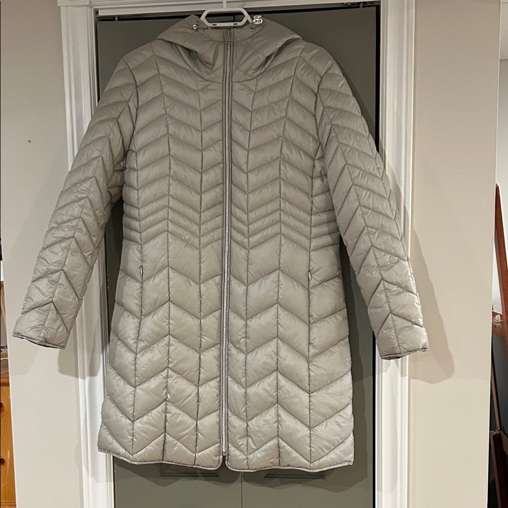 Kenneth Cole Light Gray Quilted Hooded Puffer Coat